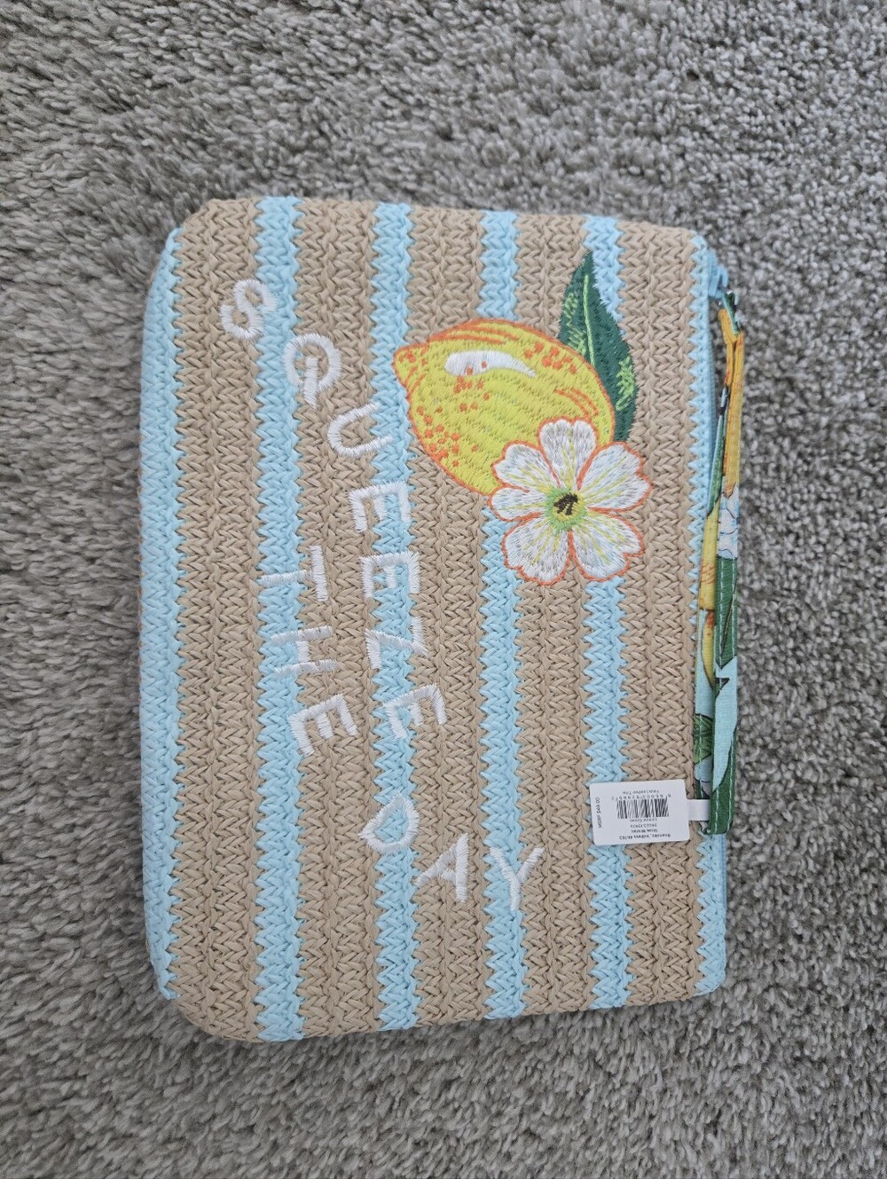 Vera Bradley Striped Straw Cosmetic Pouch with Lemon Embroidery